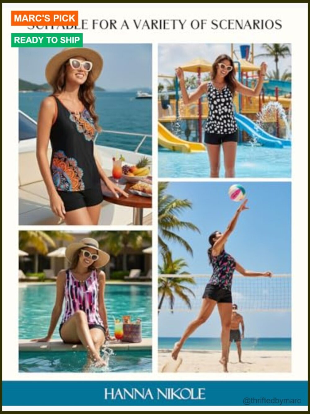 Two Piece Tankini Swimsuit with Beads, Sporty Swim Shorts Pockets, Modest - Picture 5 of 7